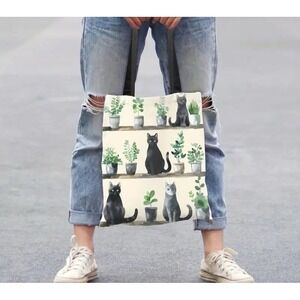 Tote Bag All over Print Black Gray Cats‎ Plants Shopping Bag New